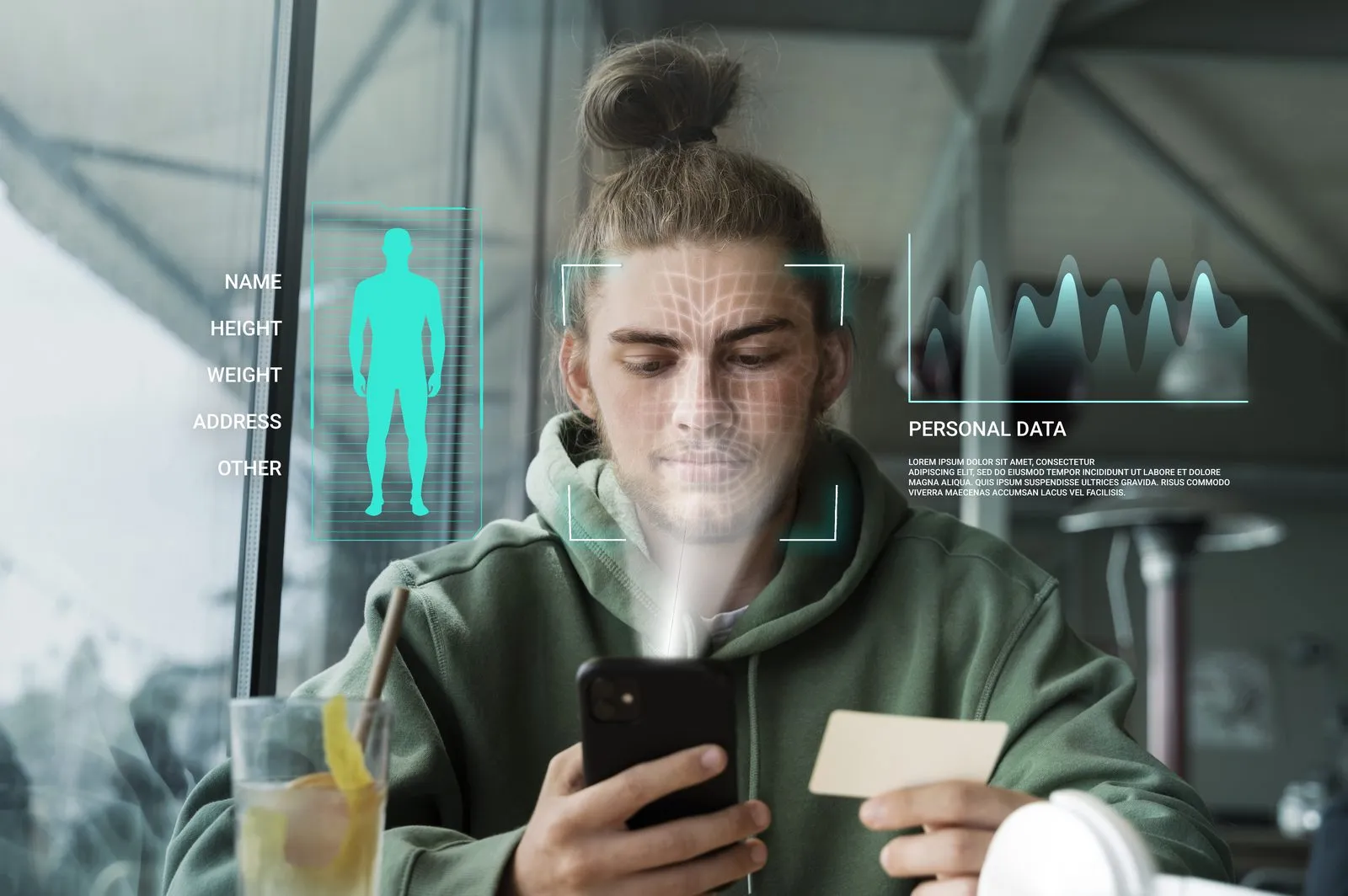 Mężczyzna z telefonem i cyfrową nakładką skanu twarzy - deepfake w weryfikacji tożsamości KYC